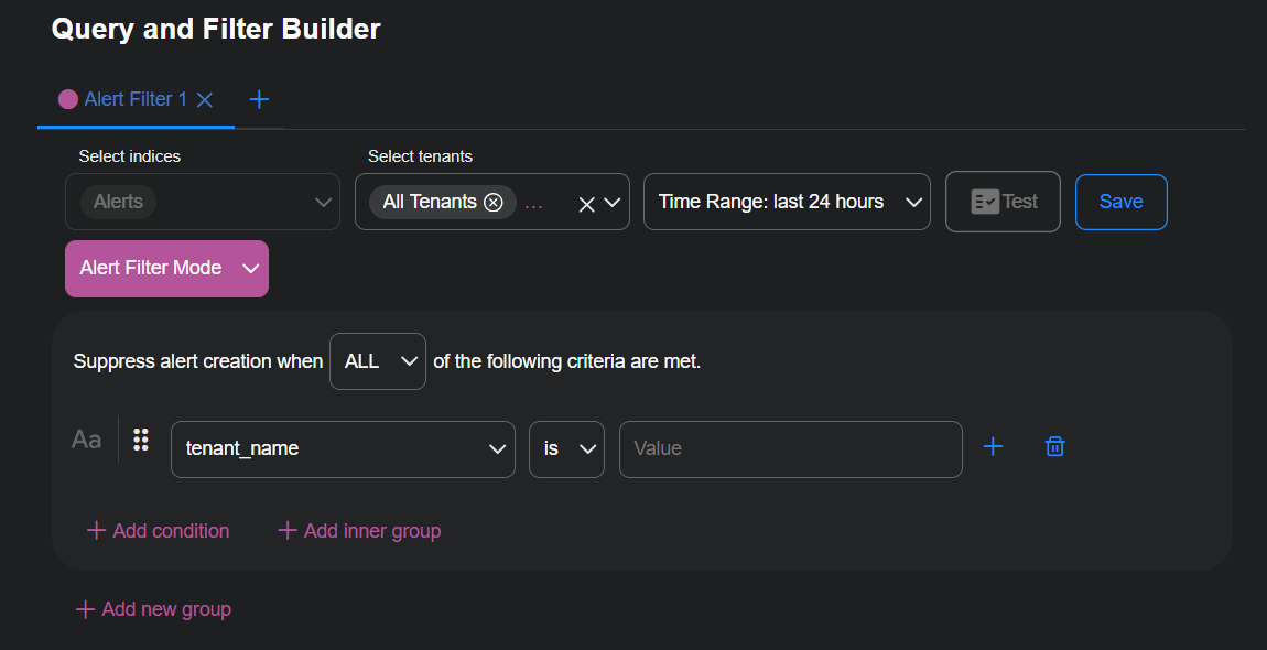 Select to expand image Screen capture of the "Add an Alert Filter" dialog box