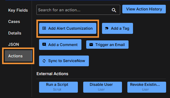 Select to expand and collapse the image. Screen capture of "Add Alert Customization" in the Actions tab